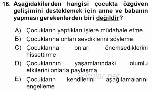 Aile İçi Uyumlu Etkileşim 2015 - 2016 Dönem Sonu Sınavı 16.Soru
