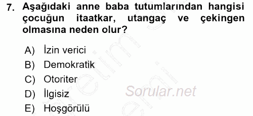 Aile İçi Uyumlu Etkileşim 2015 - 2016 Dönem Sonu Sınavı 7.Soru