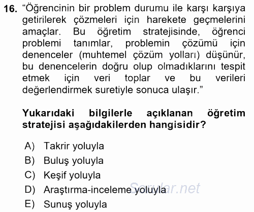 Din Eğitimi Ve Din Hizmetlerinde Rehberlik 2016 - 2017 Ara Sınavı 16.Soru