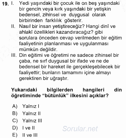 Din Eğitimi Ve Din Hizmetlerinde Rehberlik 2016 - 2017 Ara Sınavı 19.Soru