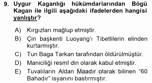 Orta Asya Türk Tarihi 2017 - 2018 Ara Sınavı 9.Soru