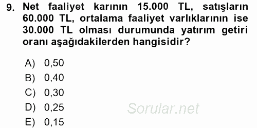Maliyet Yönetimi 2017 - 2018 Dönem Sonu Sınavı 9.Soru