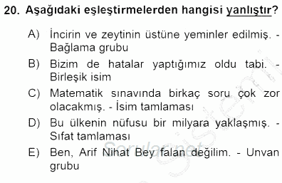Türkçe Cümle Bilgisi 1 2015 - 2016 Dönem Sonu Sınavı 20.Soru