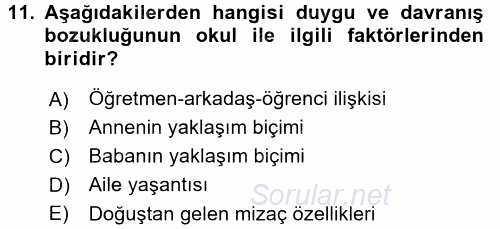 Özel Gereksinimli Bireyler ve Bakım Hizmetleri 2017 - 2018 Ara Sınavı 11.Soru