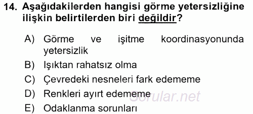 Özel Gereksinimli Bireyler ve Bakım Hizmetleri 2017 - 2018 Ara Sınavı 14.Soru