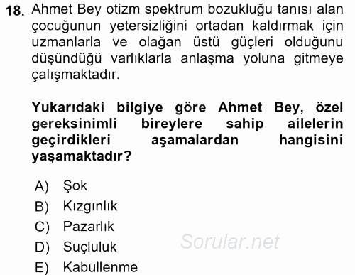 Özel Gereksinimli Bireyler ve Bakım Hizmetleri 2017 - 2018 Ara Sınavı 18.Soru