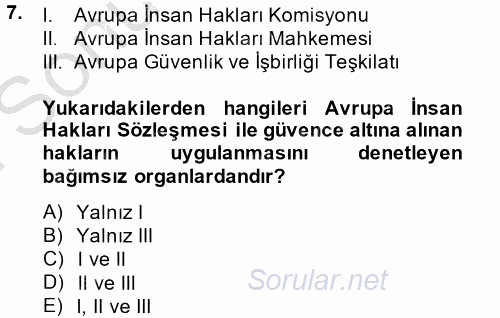 İnsan Hakları ve Demokratikleşme Süreci 2014 - 2015 Dönem Sonu Sınavı 7.Soru