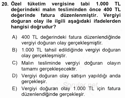 Özel Vergi Hukuku 2 2016 - 2017 Ara Sınavı 20.Soru