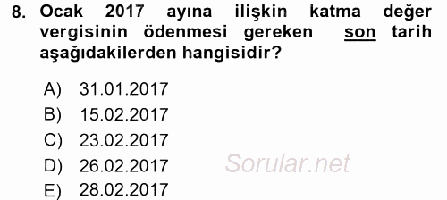 Özel Vergi Hukuku 2 2016 - 2017 Ara Sınavı 8.Soru