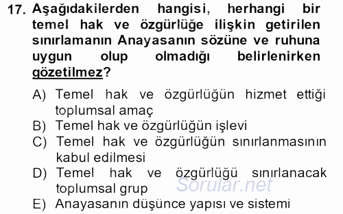 Temel İnsan Hakları Bilgisi 2 2013 - 2014 Tek Ders Sınavı 17.Soru