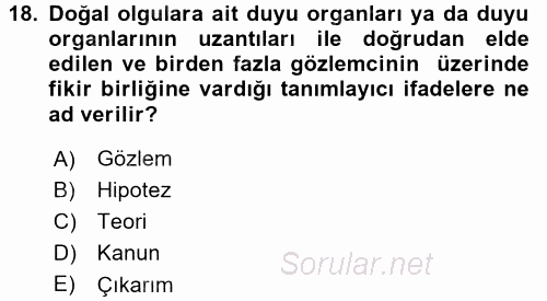 Okulöncesinde Fen Eğitimi 2017 - 2018 Ara Sınavı 18.Soru