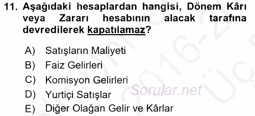 Envanter ve Bilanço 2016 - 2017 3 Ders Sınavı 11.Soru