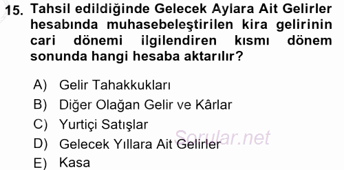 Envanter ve Bilanço 2016 - 2017 3 Ders Sınavı 15.Soru