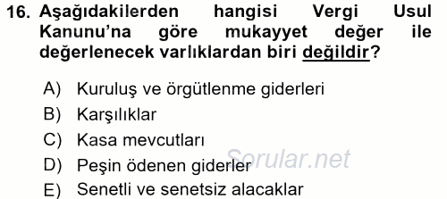 Envanter ve Bilanço 2016 - 2017 3 Ders Sınavı 16.Soru