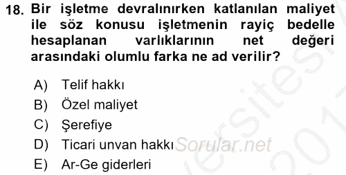 Envanter ve Bilanço 2016 - 2017 3 Ders Sınavı 18.Soru