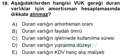 Envanter ve Bilanço 2016 - 2017 3 Ders Sınavı 19.Soru