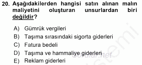 Envanter ve Bilanço 2016 - 2017 3 Ders Sınavı 20.Soru