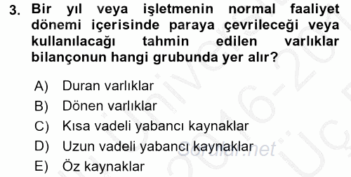 Envanter ve Bilanço 2016 - 2017 3 Ders Sınavı 3.Soru