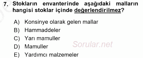 Envanter ve Bilanço 2016 - 2017 3 Ders Sınavı 7.Soru