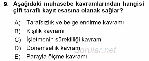 Envanter ve Bilanço 2016 - 2017 3 Ders Sınavı 9.Soru