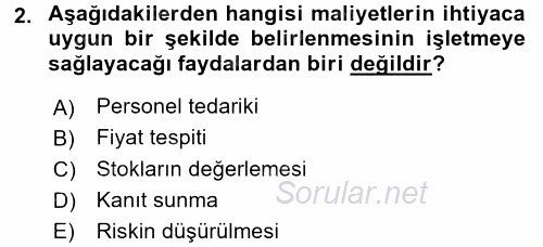 Lojistik Maliyetleri ve Raporlama 1 2016 - 2017 Ara Sınavı 2.Soru
