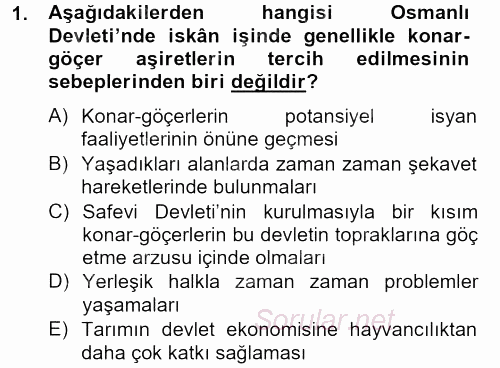 Osmanlı´da İskan ve Göç 2012 - 2013 Ara Sınavı 1.Soru