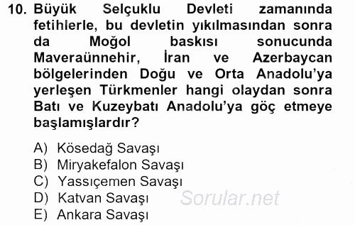Osmanlı´da İskan ve Göç 2012 - 2013 Ara Sınavı 10.Soru