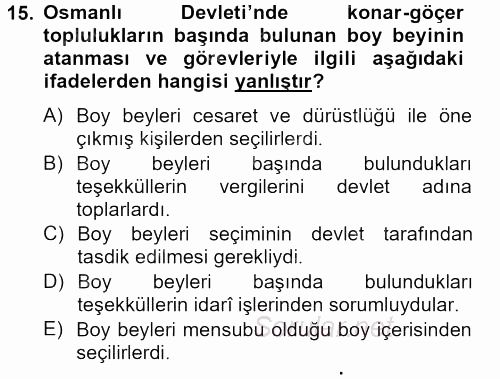 Osmanlı´da İskan ve Göç 2012 - 2013 Ara Sınavı 15.Soru