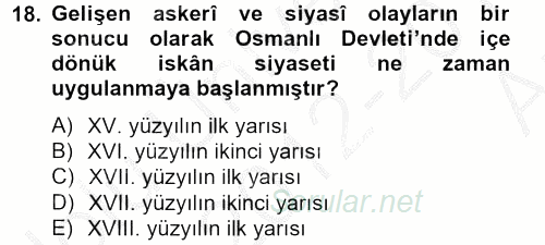 Osmanlı´da İskan ve Göç 2012 - 2013 Ara Sınavı 18.Soru