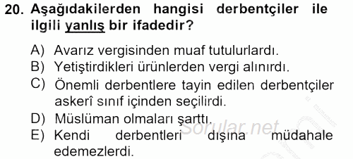 Osmanlı´da İskan ve Göç 2012 - 2013 Ara Sınavı 20.Soru