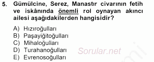 Osmanlı´da İskan ve Göç 2012 - 2013 Ara Sınavı 5.Soru