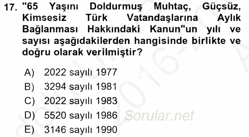 Sosyal Hizmet Mevzuatı 2016 - 2017 Ara Sınavı 17.Soru