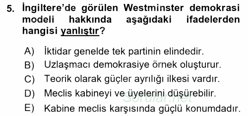 Siyaset Bilimi 2015 - 2016 Dönem Sonu Sınavı 5.Soru