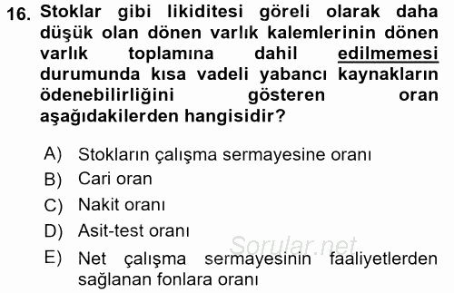 Mali Analiz 2016 - 2017 Dönem Sonu Sınavı 16.Soru