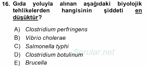 Gıda Güvenliğinin Temel Prensipleri 2015 - 2016 Tek Ders Sınavı 16.Soru