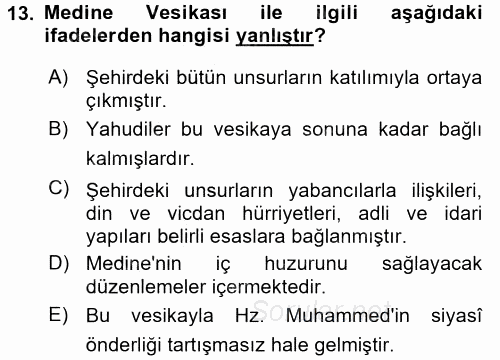 İslam Tarihi ve Medeniyeti 1 2016 - 2017 Ara Sınavı 13.Soru