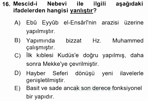 İslam Tarihi ve Medeniyeti 1 2016 - 2017 Ara Sınavı 16.Soru
