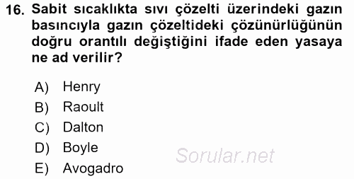 Genel Kimya 2 2017 - 2018 Ara Sınavı 16.Soru