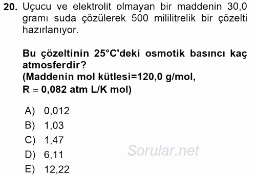 Genel Kimya 2 2017 - 2018 Ara Sınavı 20.Soru