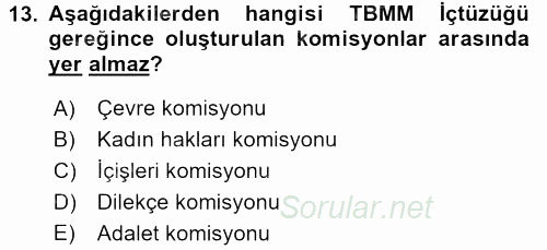 Türk Anayasa Hukuku 2016 - 2017 Dönem Sonu Sınavı 13.Soru