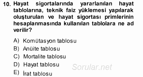 Hayat Sigortaları Ve Bireysel Emeklilik Sistemi 2013 - 2014 Tek Ders Sınavı 10.Soru