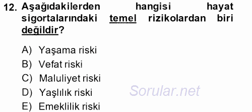 Hayat Sigortaları Ve Bireysel Emeklilik Sistemi 2013 - 2014 Tek Ders Sınavı 12.Soru
