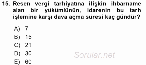 Vergi Usul Hukuku 2015 - 2016 Ara Sınavı 15.Soru
