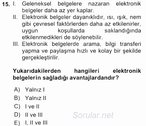 Dosyalama Arşivleme 2017 - 2018 Ara Sınavı 15.Soru