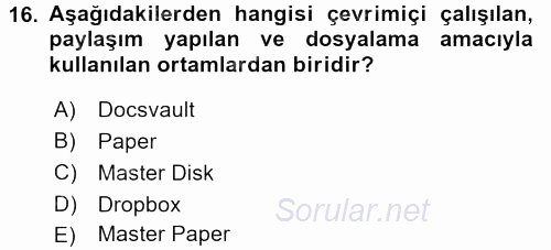 Dosyalama Arşivleme 2017 - 2018 Ara Sınavı 16.Soru