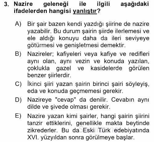 XIV-XV. Yüzyıllar Türk Edebiyatı 2017 - 2018 Dönem Sonu Sınavı 3.Soru