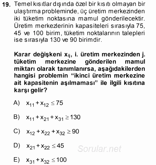 Yöneylem Araştırması 1 2014 - 2015 Tek Ders Sınavı 19.Soru