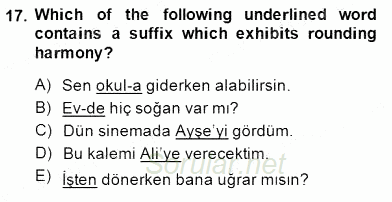 Türkçe Ses Ve Biçim Bilgisi 2014 - 2015 Ara Sınavı 17.Soru