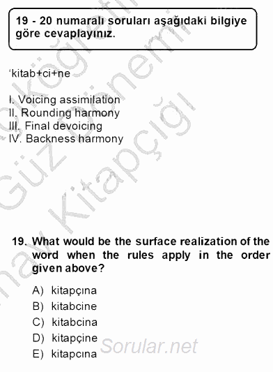 Türkçe Ses Ve Biçim Bilgisi 2014 - 2015 Ara Sınavı 19.Soru