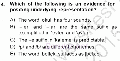 Türkçe Ses Ve Biçim Bilgisi 2014 - 2015 Ara Sınavı 4.Soru